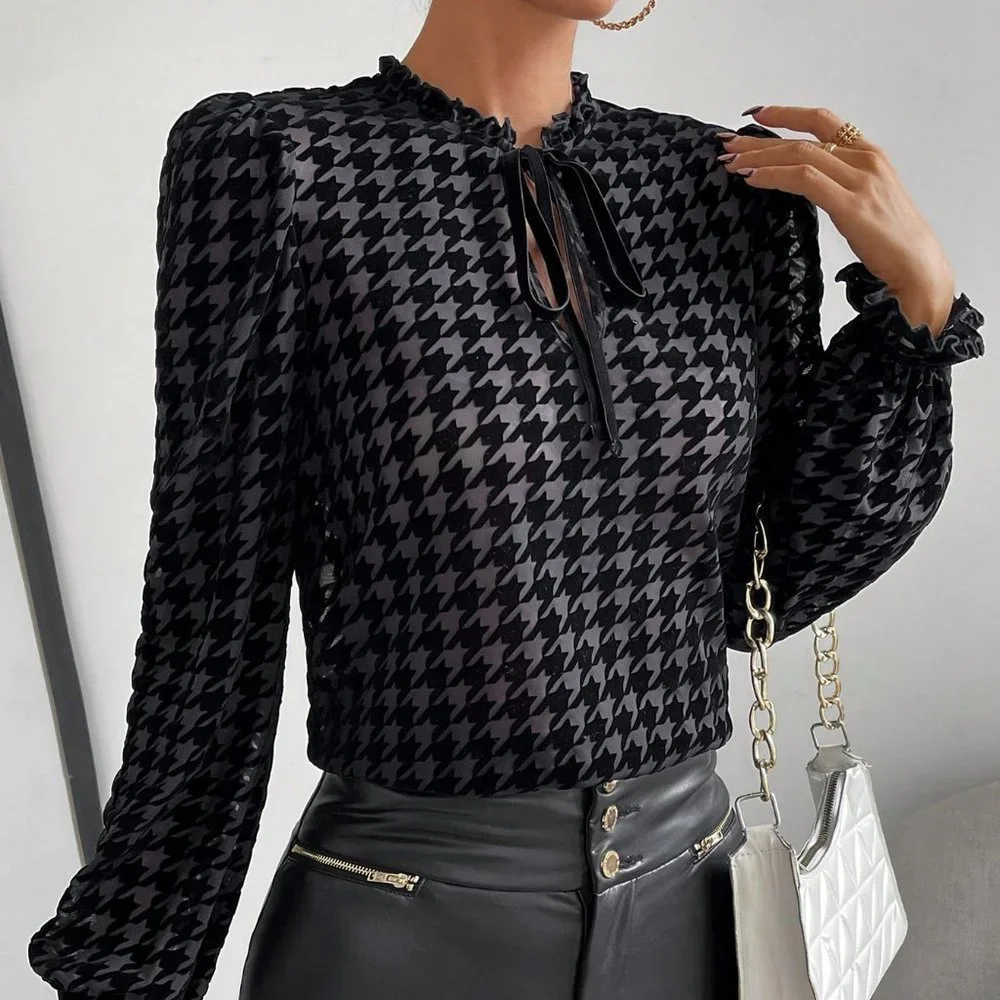 Houndstooth Print Tie Neck Flare Sleeve Top Black - Picture 1 of 5
